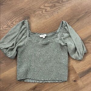 LOFT Green Smocked Puff Sleeve Blouse